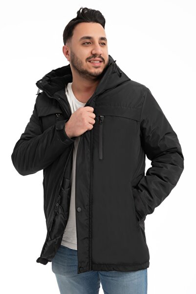 Royalside Ανδρικό χειμερινό παλτό από μαύρο φλις μέσα στο νερό και αντιανεμική κουκούλα & παλτό & Parka