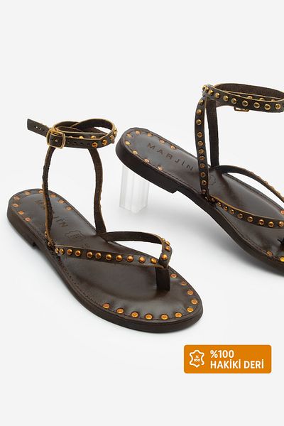 Marjin Genuine Leather Flip Flops Ankle Strap Studded Troc Daily Sandals