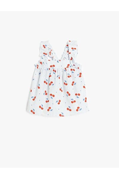 Koton Kız Bebek Kare Yaka Fırfır Detaylı Kiraz Baskılı Pamuklu Bluz 5SMG60014...