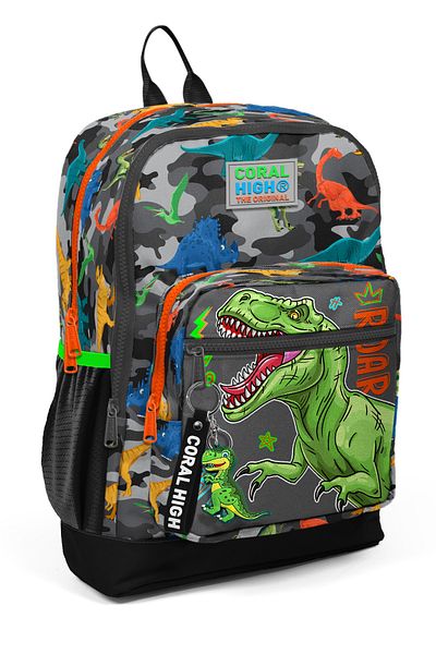 Coral High Black Gray Dinosaur Patterned Children's School Bag - 23744