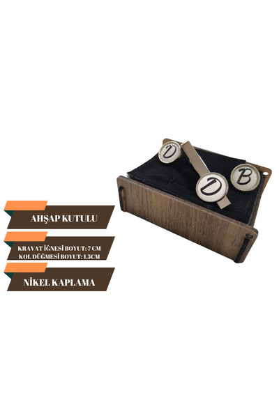Elegante Cravatte Harfli Kravat İğnesi ve Kol Düğmesi Seti – Ahşap Kutulu Kiş...