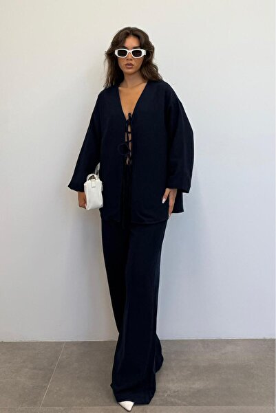 Madmext Navy Blue Tie Front Bottom Top Set Mg2423