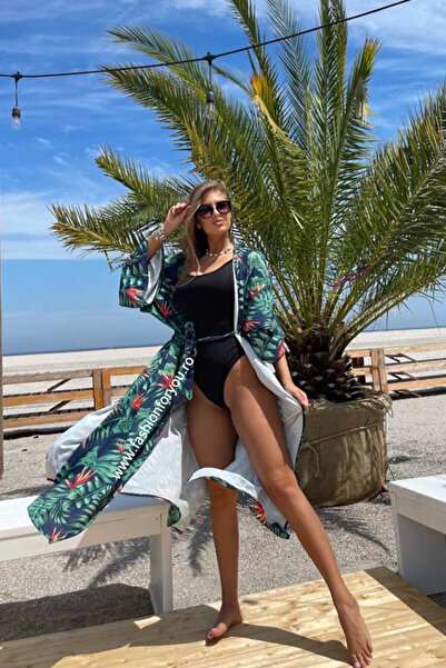 FashionForYou Set Fiona costum de baie intreg si cardigan de plaja, Tropical