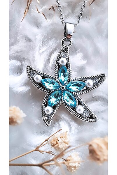 Serenity قلادة من الفولاذ بحجر أزرق مع أشكال نجم البحر