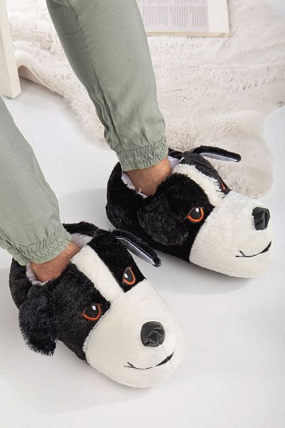 AlbiShoes Ανδρικές βελούδινες μπότες για το σπίτι με μοτίβο σκύλου Unisex - Αντιολισθητικές, χαριτωμένες, χειμερινές ελαφριές παντόφλες