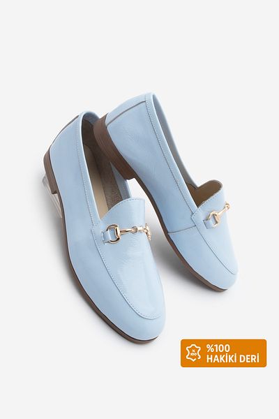 Marjin Women's Genuine Leather Chain Loafer Casual Shoes Tanle Blue Patent Leather