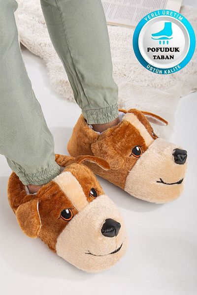 AlbiShoes Мъжки унисекс плюшени домашни ботуши с шарка на куче - неплъзгащи се, сладки, леки зимни пантофи
