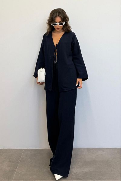 Madmext Navy Blue Tie Front Bottom Top Set Mg2423