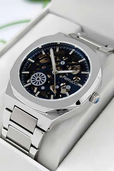 Ferrucci Silver Color Men's Wristwatch - Automatic Mechanism, Steel Cord and Bracelet Zmfer096