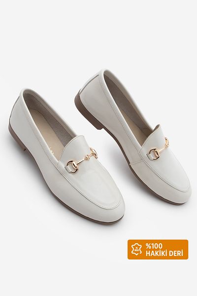 Marjin Women's Genuine Leather Chain Loafer Casual Shoes Tanle Beige Patent Leather