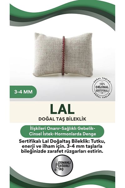 OSMANLI DEĞERLİ TAŞ Certified Lal Natural Stone Bracelet 3-4 Mm, B974