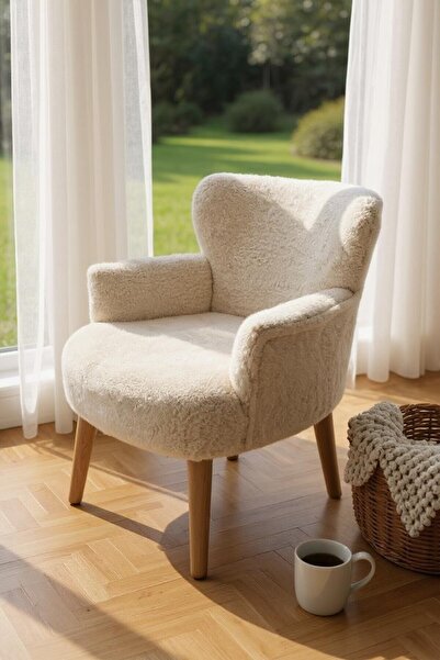 WATERYBROOK Berjer - Tekli Koltuk - Teddy Kumaş - Bukle - Ceviz Ayak - Krem