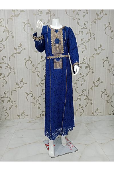 LAİN Royal blue embroidered lace jalabiya with a luxurious chiffon robe for a luxurious look on special occasions and celebrations