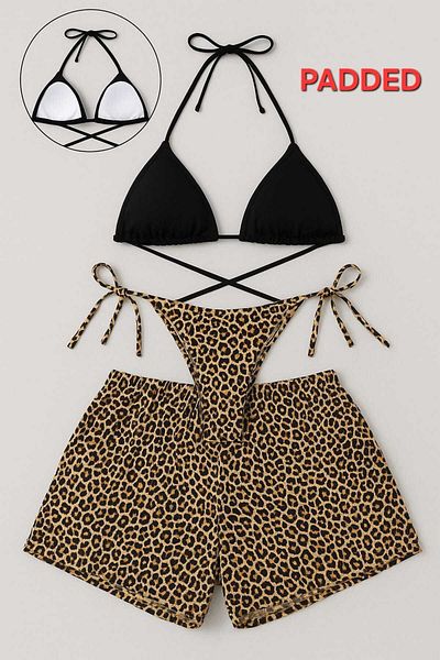 Stail Moda Women's 2-Piece Leopard Blue Minimal Padded Cut Triangle Bikini Top