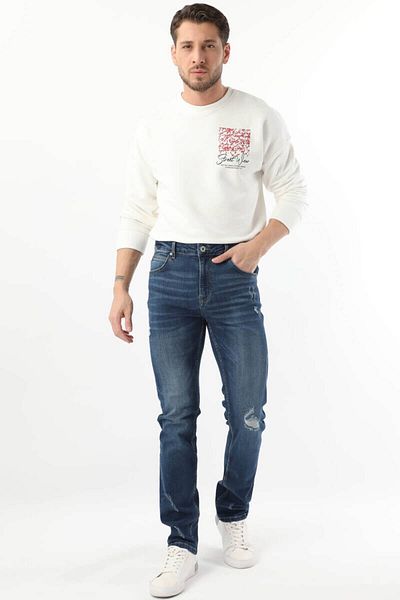 BANNY JEANS Мъжки дънки с разкъсани коляното, тъмносини