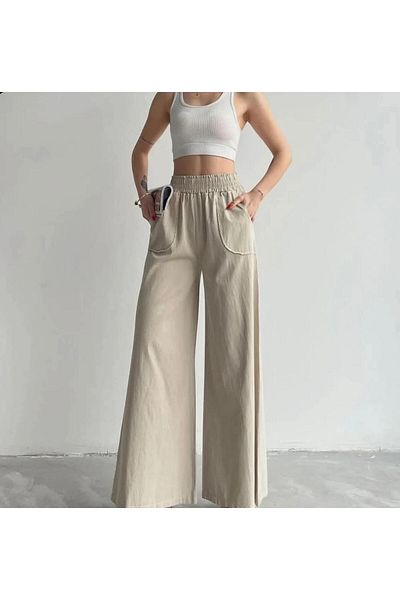 Qenz Παντελόνι Gabardine με φαρδύ πόδι συλλογής Cream