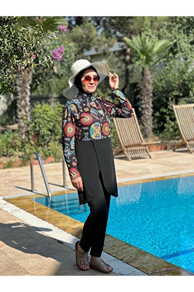 HOTEPS Women's Black Patterned Hijab Swimsuit Set Set of 3