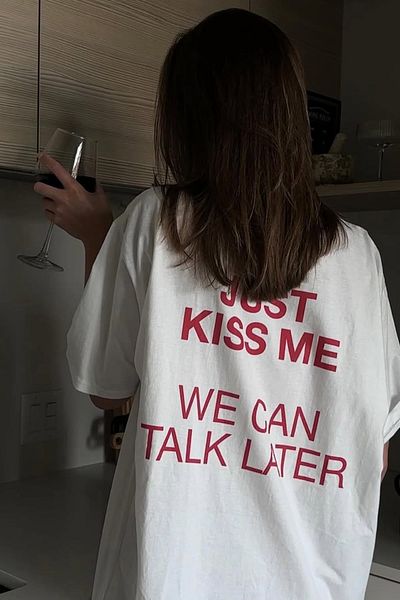 THE RULE Women's Just Kiss Me Printed Oversize 100% Cotton Wide Cut Soft Textured Crew Neck T-Shirt