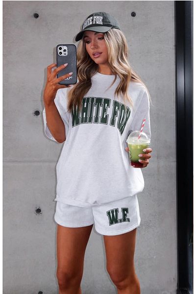 The Champ Clothing تي شيرت نسائي قصير مريح مطبوع عليه WF مصنوع من القطن بنسبة 100%، مزيج رمادي