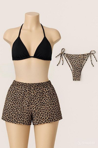 Stail Moda Women's 2-Piece Leopard Blue Minimal Padded Cut Triangle Bikini Top