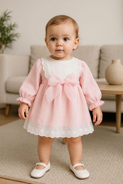 dinamik çocuk Baby Girl Lace Detailed Dress Tulle Bow Long Sleeve Seasonal 3-6-9-12-18-24Months
