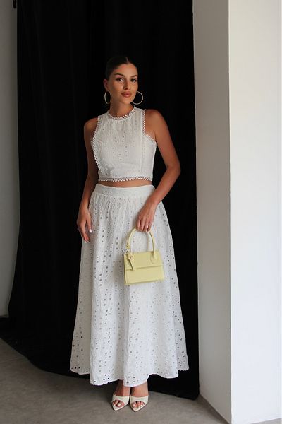 Julidress Set premium din țesătură Brode, cu bluză crop cu dantelă și fustă lungă maxi