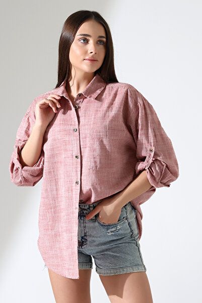 GÖMLEKÇİNİZ Women's Shirt Oversize Pattern Linen Fabric Applique Pocket Epaulet Women's Shirt