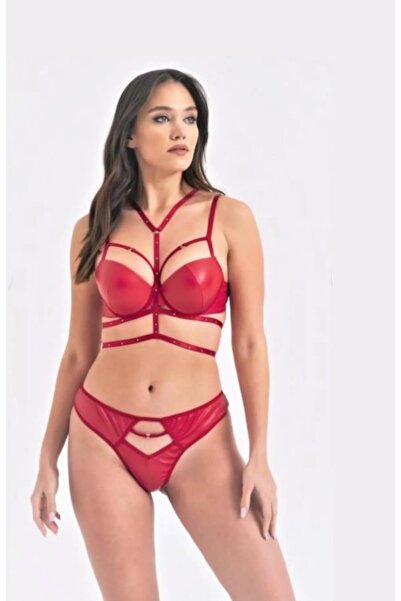 MOONLİGHT Kadın Kırmızı Ipli Destekli Deri Sütyen Takım