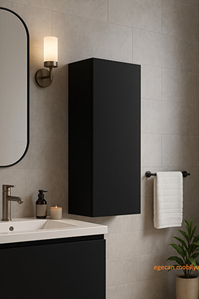 Egecan Mobilya Duvara Monte Tek Kapaklı 3 Raflı Banyo & Kiler Dolabı – Siyah/suntalam, 85×30×30 cm