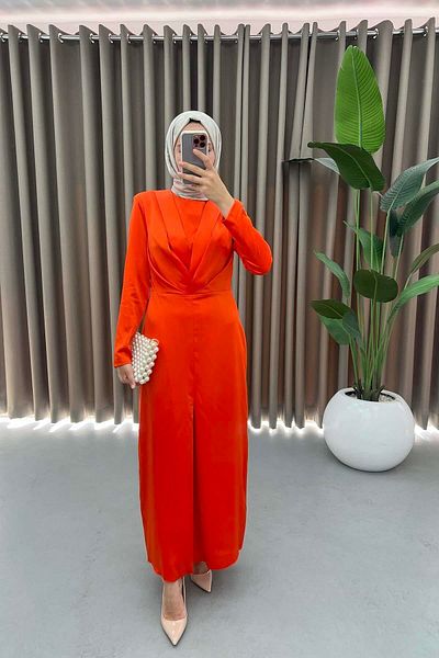 Puane Coral Satin Hijab Evening Dress - Pleat Detail