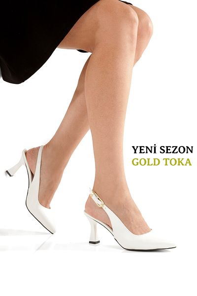 YASEMİN Women's White Skin Open Back Gold Buckle Ovis Pointed Toe 8 cm Classic Heeled Shoes - Rhaella
