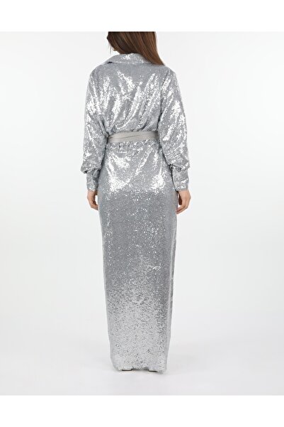 MERT ERKAN Kuşaklı & Astarlı Silver Payet Maxi Şık Gömlek Elbise