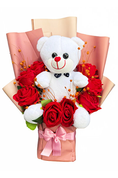 lenostra Sevgiliye Hediye Beyaz Ayıcıklı Kırmızı Gül Buketi Sevgiliye Cicek S...