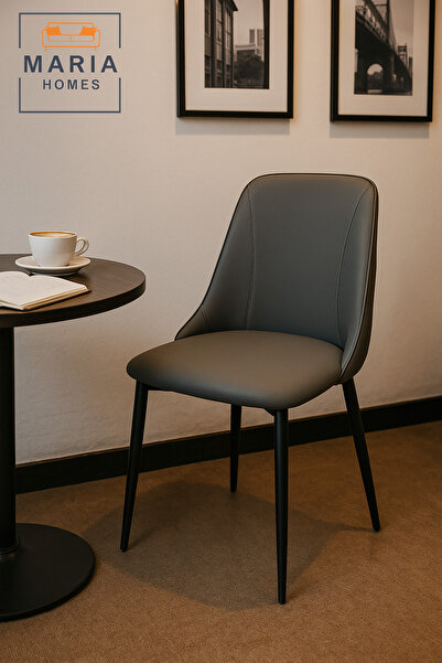 MARIA HOMES Elegant Grey Upholstered Dining Chair – Padded Faux Leather Seat With Black Legs For Home & Office