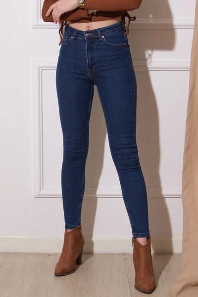 JILLY Natalia Lacivert Yüksek Bel Comfort Skinny Dar Paça Jeans - Deldnm