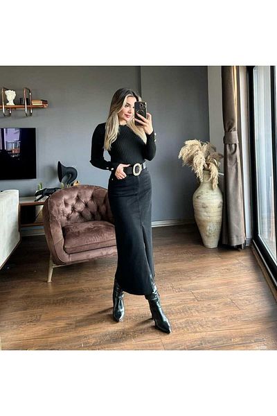 MADAME MELEK Fustă de blugi negru model Zr cu detaliu cu fantă