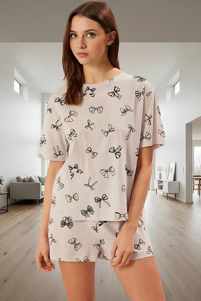 PayBuy Women's Ribbon Patterned Cotton Pajama Set Comfortable Stylish Summer Premium Quality Modern Style