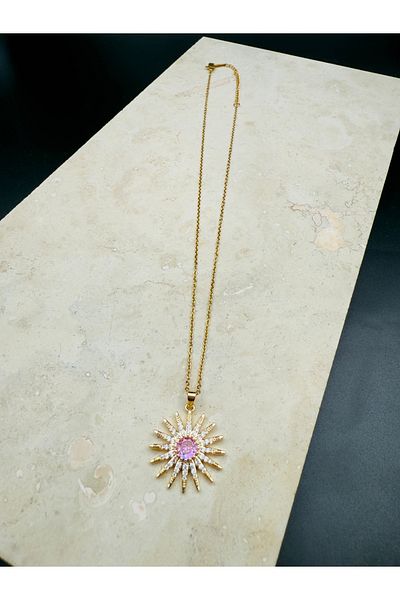 Snartun Zircon Stone Sun Detailed Steel Necklace I Special Boxed