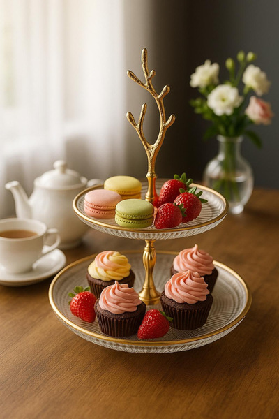 NIDAGE 2 Katli Cam Ayakli Kurabiyelik Şekerlik Sunumluk Tabak & Gold Detayli