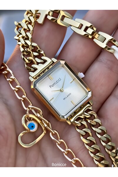 Ferrucci Marka Zincir Çelik Kordon Sarı Renk Kadın Kol Saati Bileklik