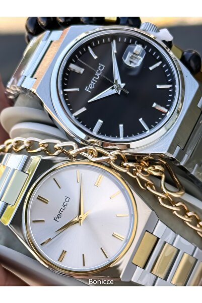 Ferrucci Çelik Kordon Siyah Renk Sevgili , Çift Kol Saatleri Tesbih Bileklik