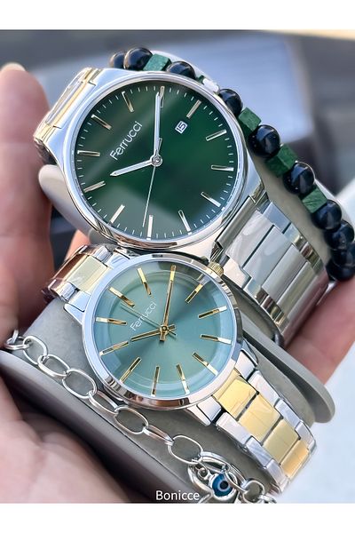 Ferrucci Brand Steel Band Silver Yellow Color, Green Dial Lover Watches + Rosary Bracelet