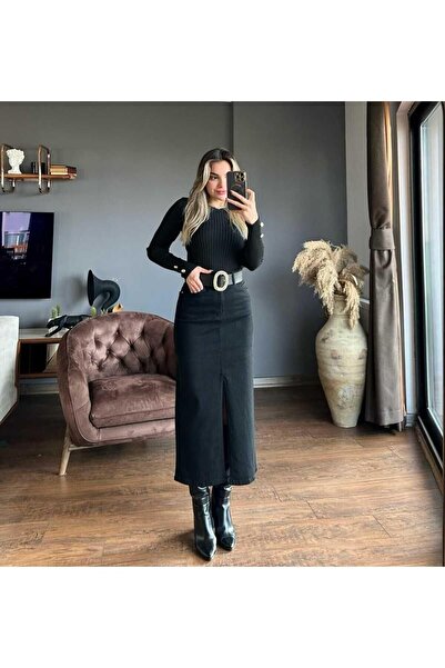 MADAME MELEK Fustă de blugi negru model Zr cu detaliu cu fantă