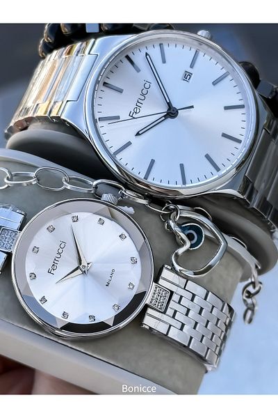 Ferrucci Brand Steel Cord,Silver Color, Lover Couple Wristwatches Rosary Bracelet