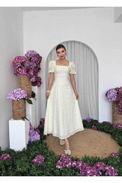 Julidress Rochie din in premium cu mâneci balon cu căptușeală brodată crem