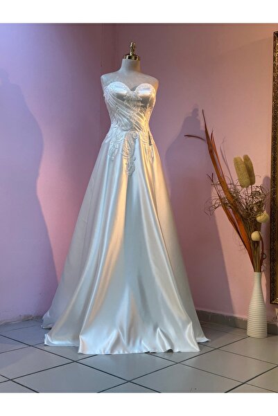 GÖKŞİN MODA Off White Satin Wedding Dress