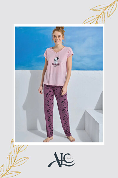 Alcteks طقم بيجامة نسائية بنمط داليشيا، قميص علوي قصير وردي اللون مع سروال طو...