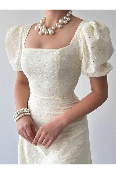 Julidress Κρεμ Κεντημένο Φόδρα Μπαλόνι Μανίκι Premium Λινό Φόρεμα