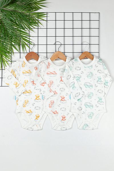 alnaymino Organic 3-Piece Overalls Set Baby Teddy Bear Patterned