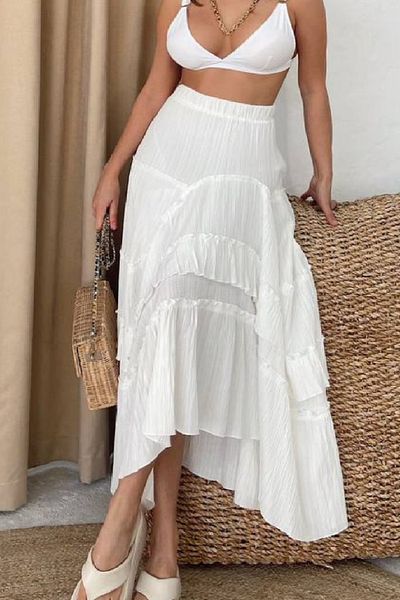 Nana & Mayka Moda Nana Mayka Fashion Femei Seersucker Volană Nu arată fustă lungă cu volan alb – Vară, căptușită 3001